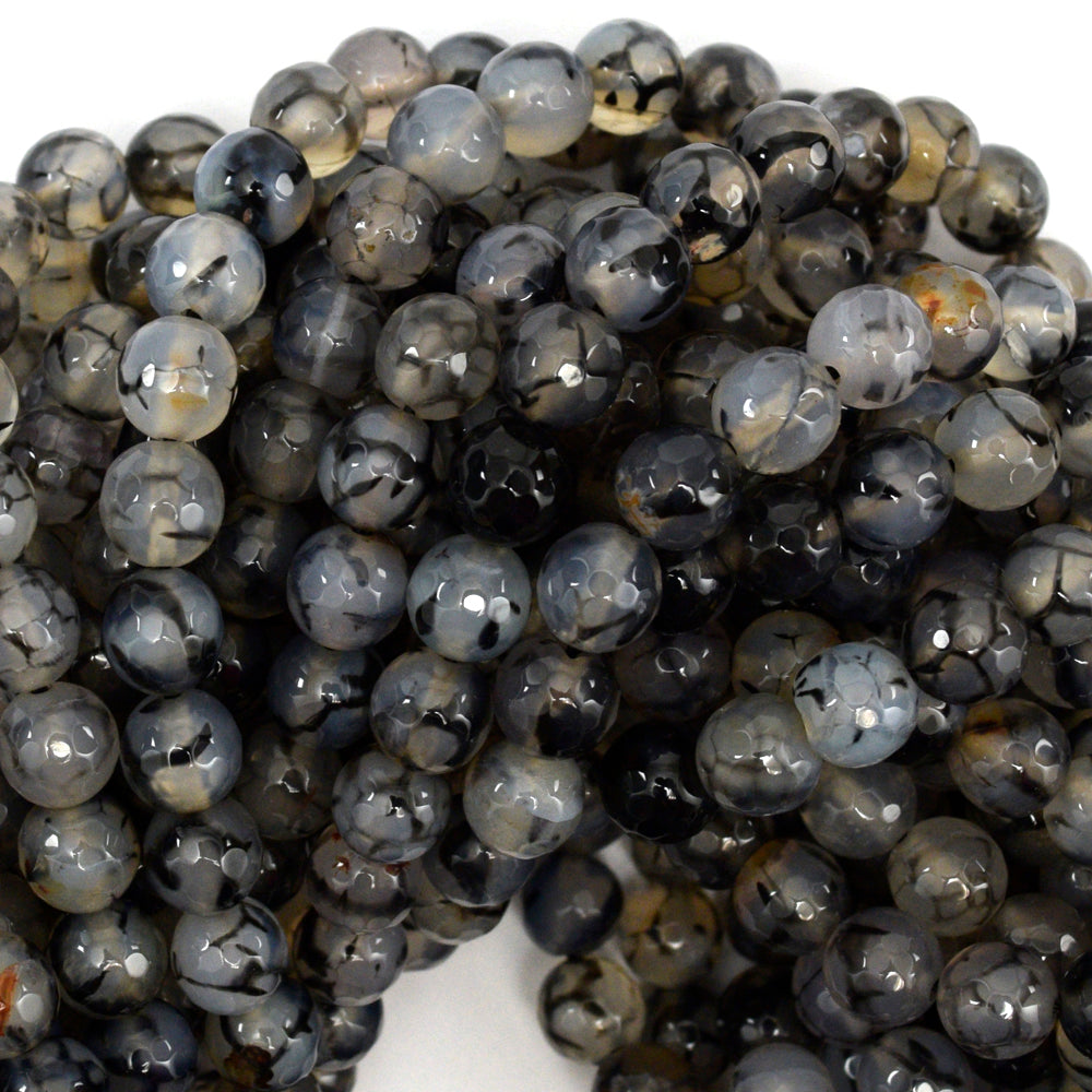 Faceted Black Dragon Vein Agate Round Beads 14.5" Strand 6mm 8mm 10mm 12mm