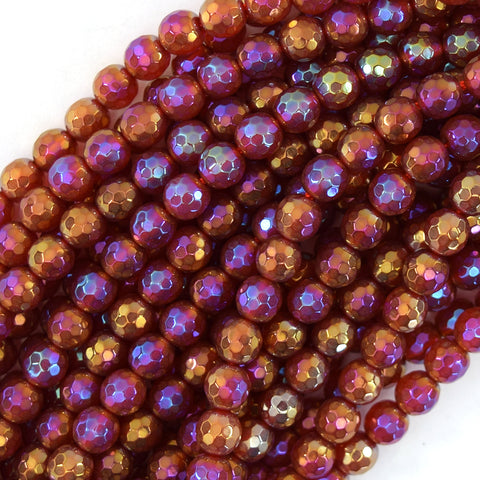 Faceted Orange Red Stripe Carnelian Round Beads 14.5" Strand 6mm 8mm 10mm