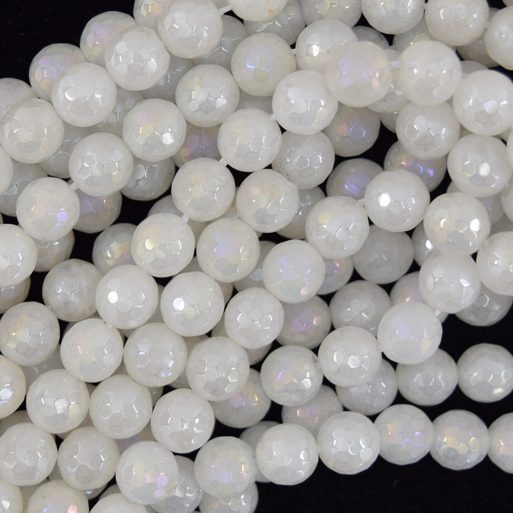 Mystic Titanium Faceted White Jade Round Beads 15.5" Strand 6mm 8mm 10mm
