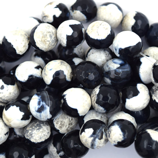 Faceted Black White Agate Round Beads Gemstone 14.5" Strand 6mm 8mm 10mm 12mm