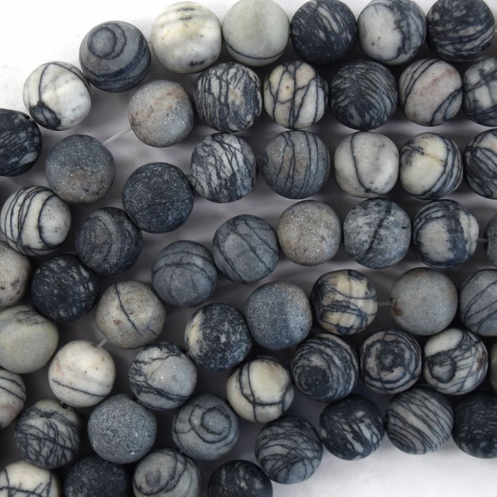 Natural Matte Black Spider Web Jasper Round Beads 15" Strand 6mm 8mm 10mm 12mm