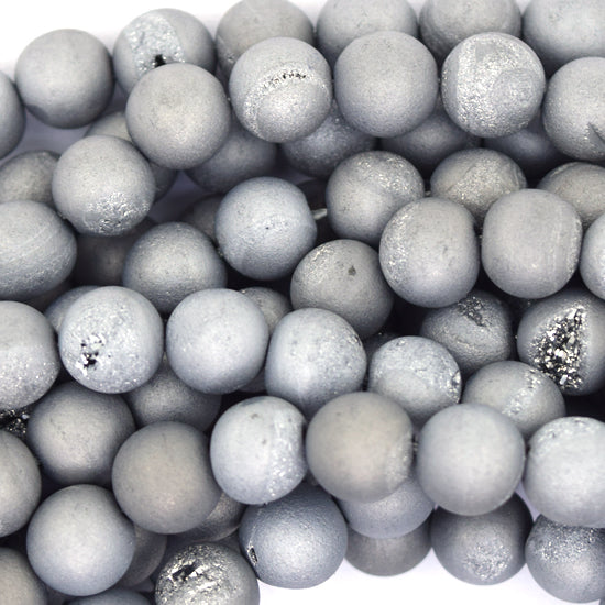 Matte Silver Druzy Agate Round Beads Gemstone 15" Strand 6mm 8mm 10mm 12mm