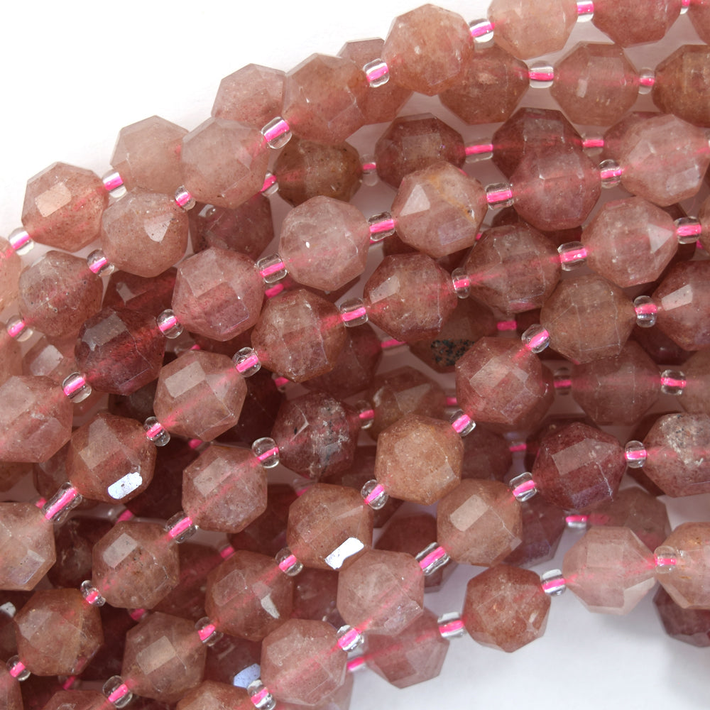 Natural Strawberry Quartz Prism Double Point Cut Faceted Beads 15.5" 8mm 10mm