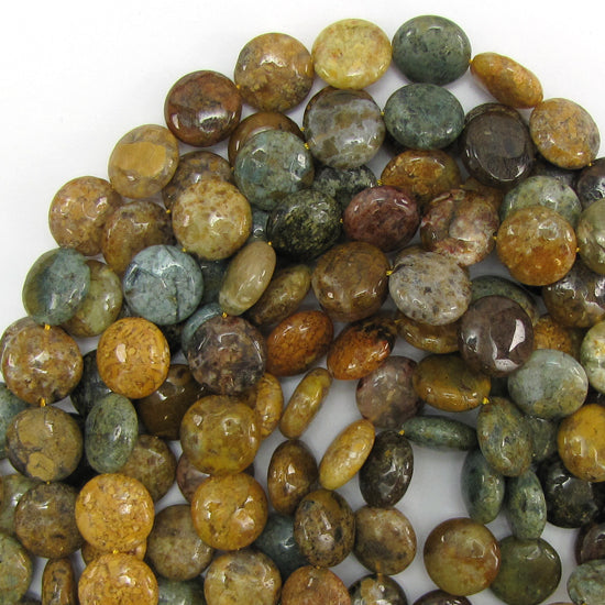 14mm natural ocean jasper coin beads 15.5" strand