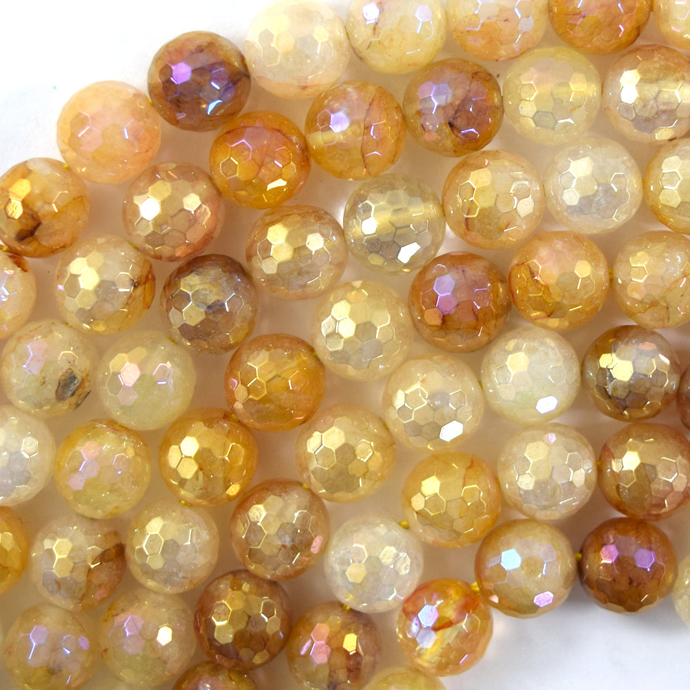 Mystic Titanium Faceted Golden Healer Quartz Round Beads 15" Strand 6mm 8mm 10mm