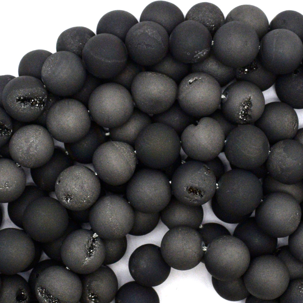 Matte Black Druzy Agate Round Gemstone Beads 15.5" Strand 6mm 8mm 10mm 12mm 14mm