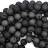 Matte Black Druzy Agate Round Gemstone Beads 15.5