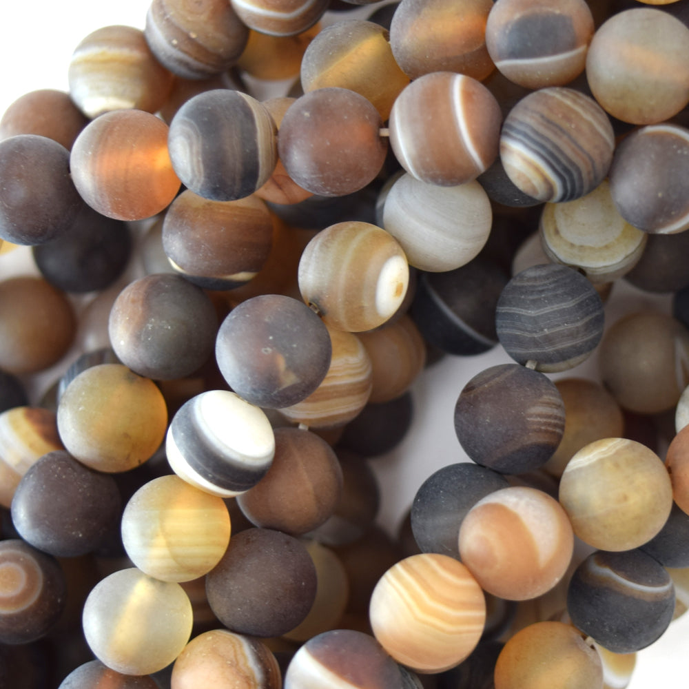 8mm matte brown stripe agate round beads 15" strand S1