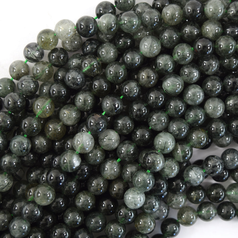 Natural Green Rutilated Quartz Round Beads 15.5" Strand 4mm 6mm 8mm 10mm