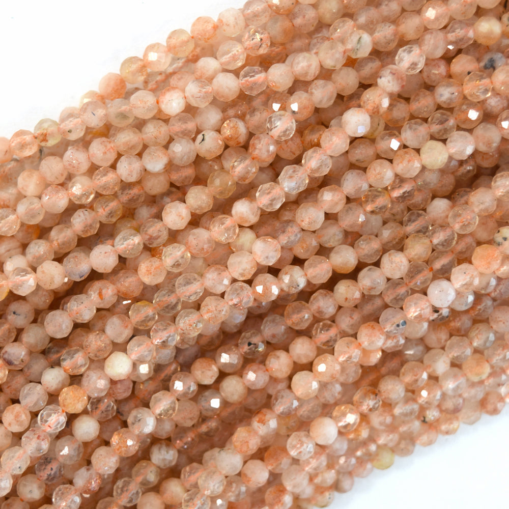 Natural Faceted Orange Gold Sunstone Round Beads 15.5" Strand 3mm 4mm