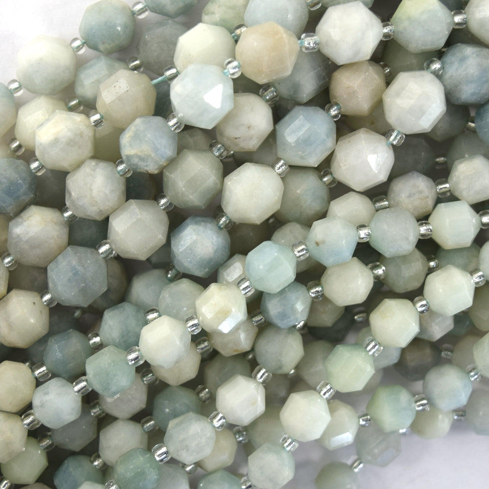 Natural Blue Aquamarine Prism Double Point Cut Faceted Beads 15.5" 8mm 10mm