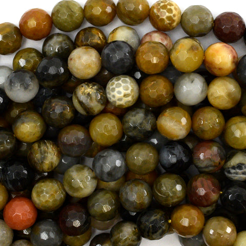 10mm faceted petrified wood agate round beads 15" strand S1