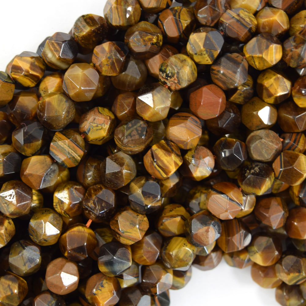 Natural Star Cut Faceted Tiger Eye Round Beads 15" Strand 6mm 8mm 10mm Diamond