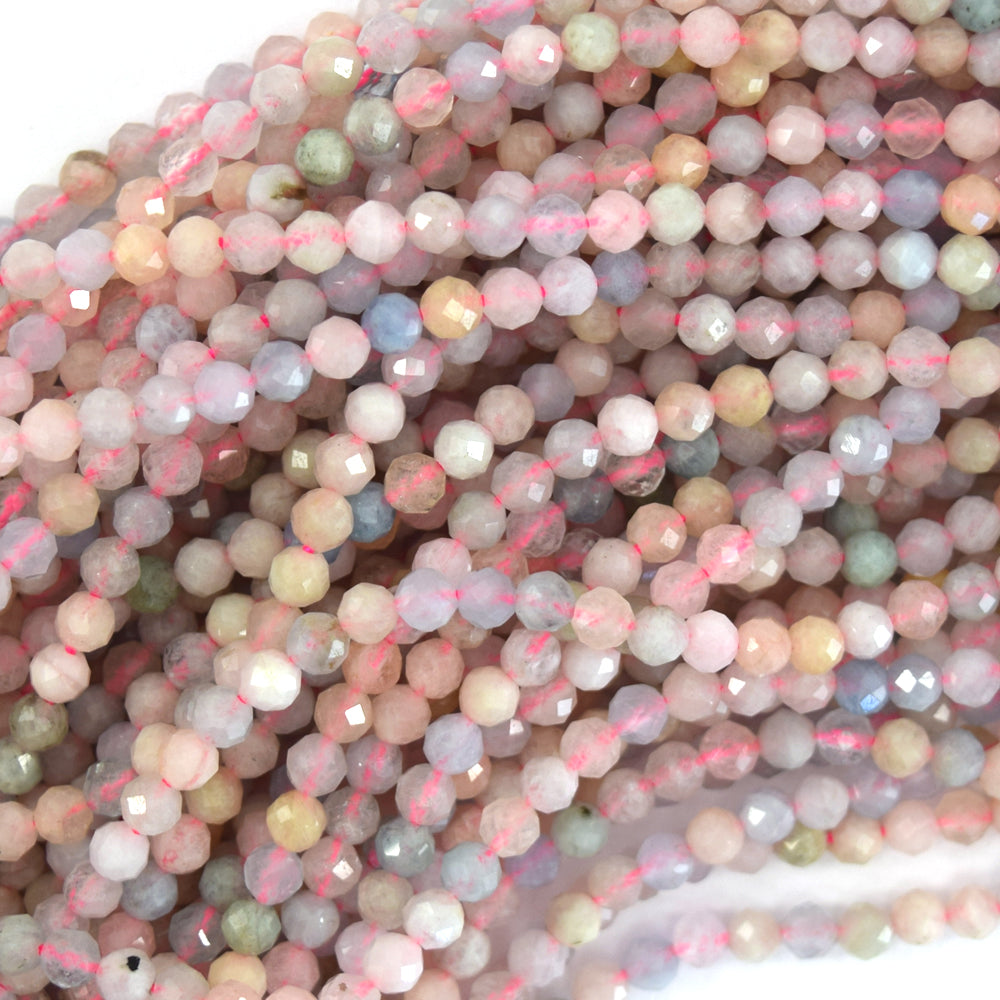Natural Faceted Morganite Round Beads Gemstone 15.5" Strand Beryl 3mm 4mm