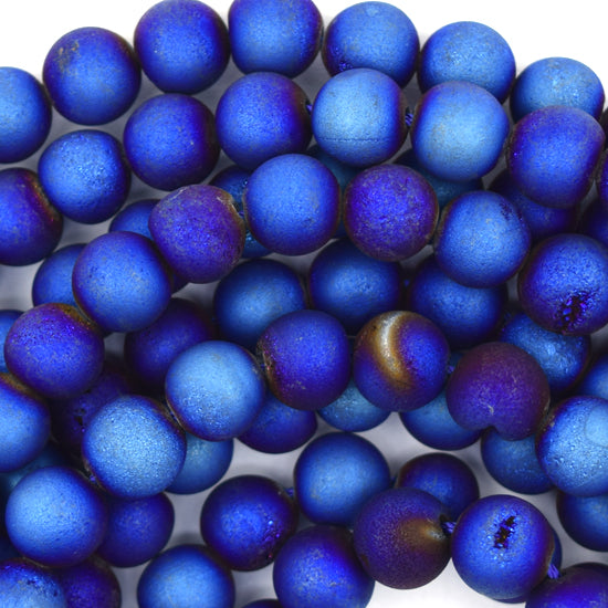 Matte Blue Druzy Agate Round Beads Gemstone 15" Strand 8mm 10mm 12mm