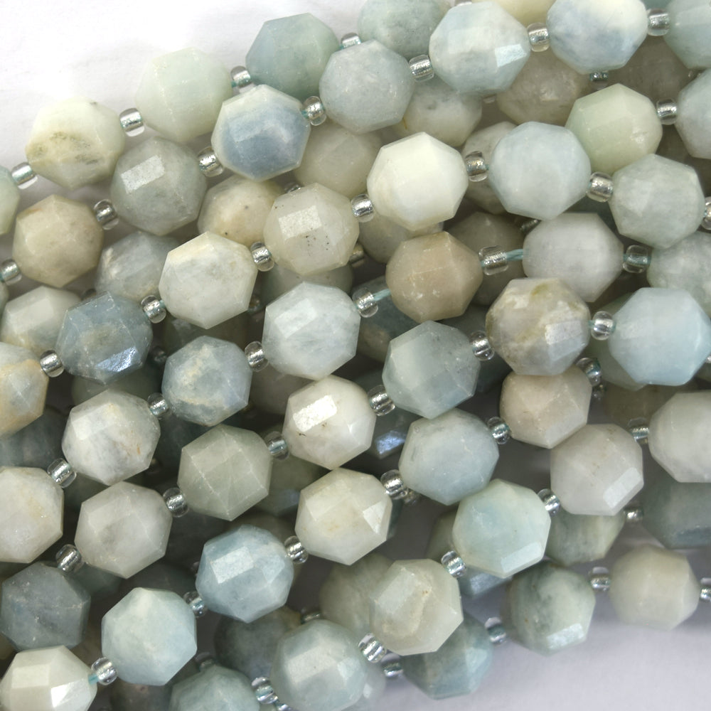 Natural Blue Aquamarine Prism Double Point Cut Faceted Beads 15.5" 8mm 10mm