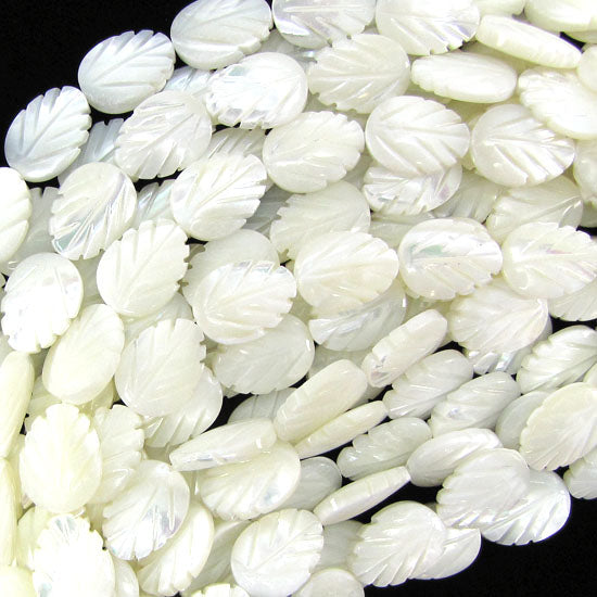 14mm white mother of pearl mop carved leaf beads 15.5" strand