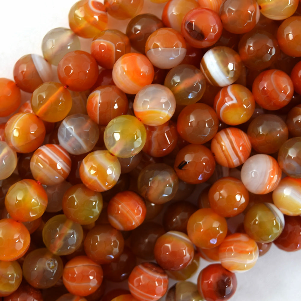 Faceted Orange Red Stripe Carnelian Round Beads 14.5" Strand 6mm 8mm 10mm