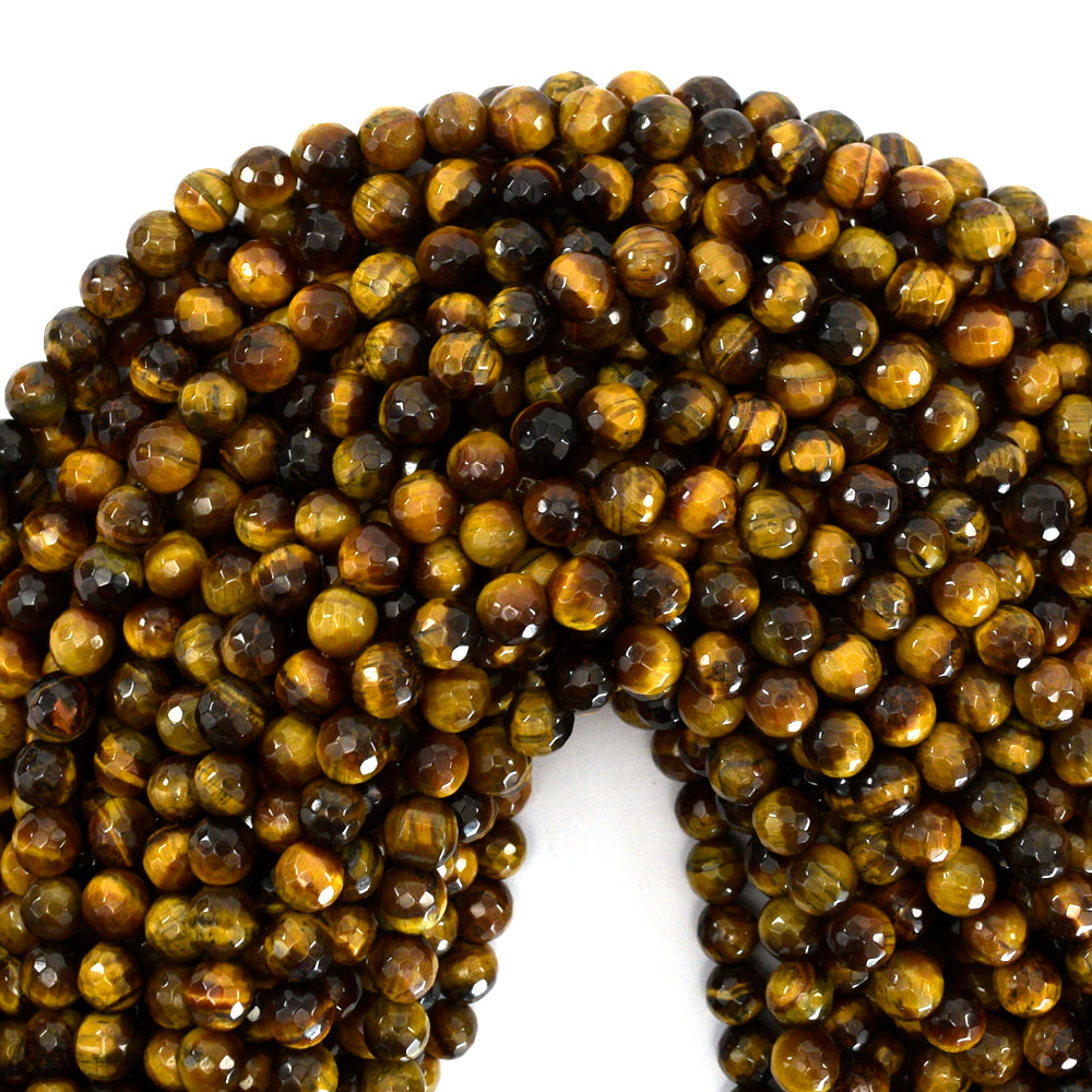 Natural Faceted Tiger Eye Round Beads Gemstone 14.5"Strand 4mm 6mm 8mm 10mm 12mm