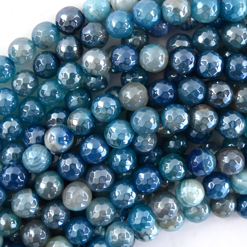 Mystic Titanium Faceted Blue Stripe Agate Round Beads 15" Strand 6mm 8mm 10mm S2