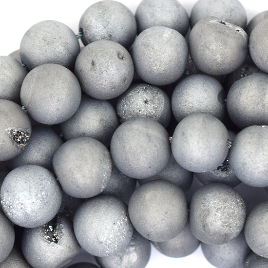 Matte Silver Druzy Agate Round Beads Gemstone 15" Strand 6mm 8mm 10mm 12mm