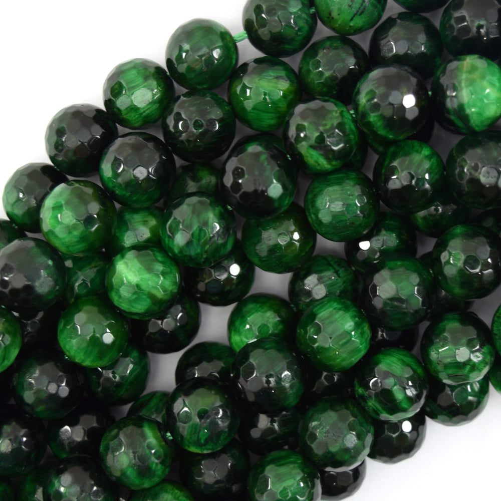 Faceted Green Tiger Eye Round Beads Gemstone 15" Strand 4mm 6mm 8mm 10mm 12mm
