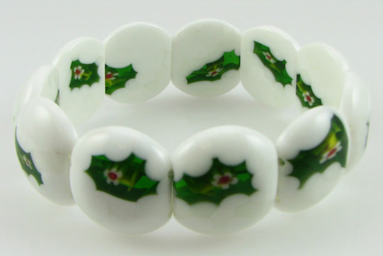 White green millefiori lampwork glass stretch bracelet