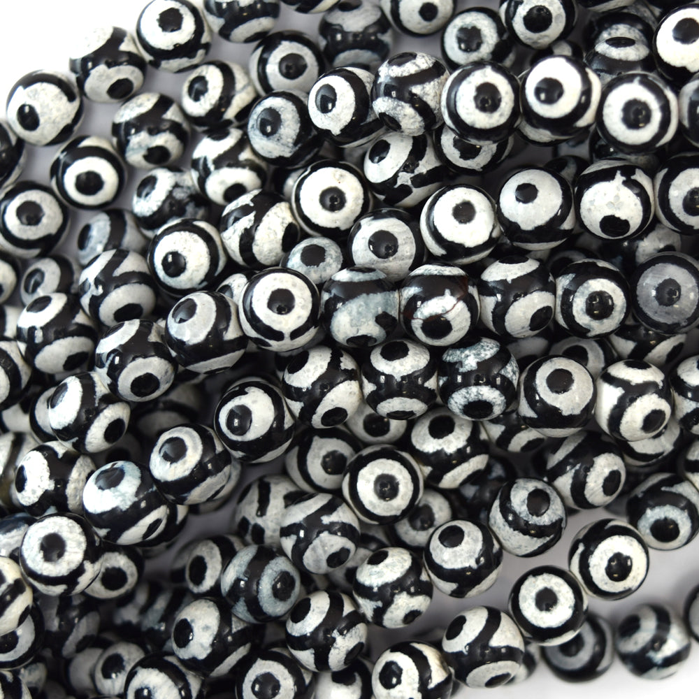 Black White Tibetan DZI Agate Round Beads 15" Strand 6mm 8mm 10mm Evil Eye
