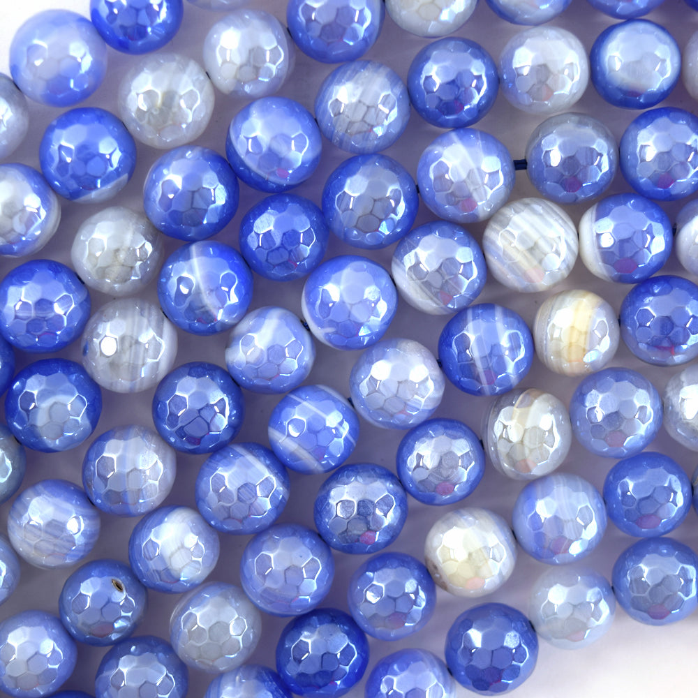 Mystic Titanium Faceted Blue Stripe Agate Round Beads 15" Strand 6mm 8mm 10mm S1