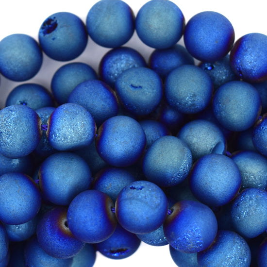 Matte Blue Druzy Agate Round Beads Gemstone 15" Strand 8mm 10mm 12mm