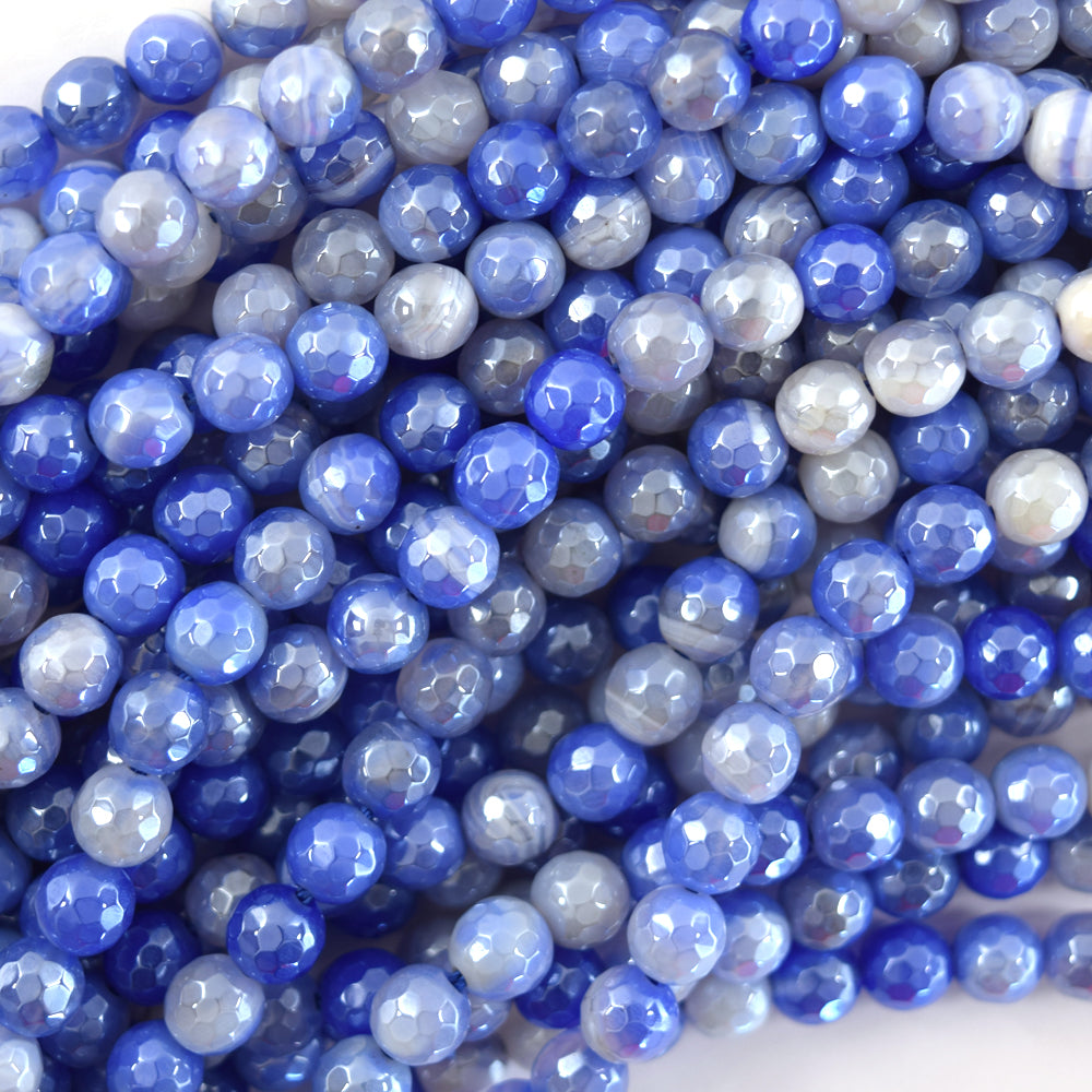 Mystic Titanium Faceted Blue Stripe Agate Round Beads 15" Strand 6mm 8mm 10mm S1