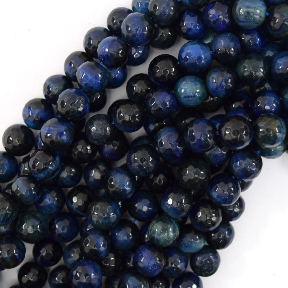 AA Faceted Blue Tiger Eye Round Beads Gemstone 15" Strand 6mm 8mm 10mm