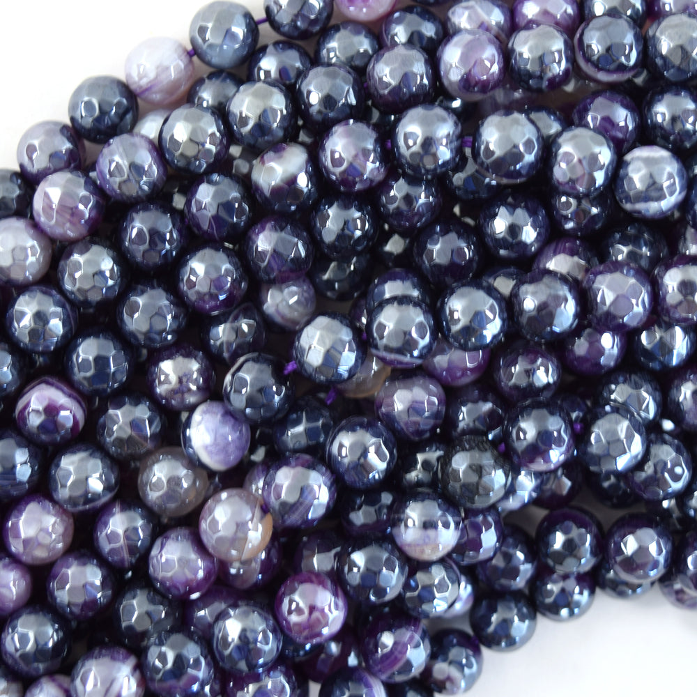 Mystic Titanium Faceted Purple Stripe Agate Round Beads 15" Strand 6mm 8mm 10mm