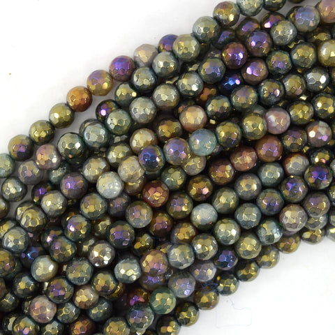 10mm faceted petrified wood agate round beads 15" strand S1
