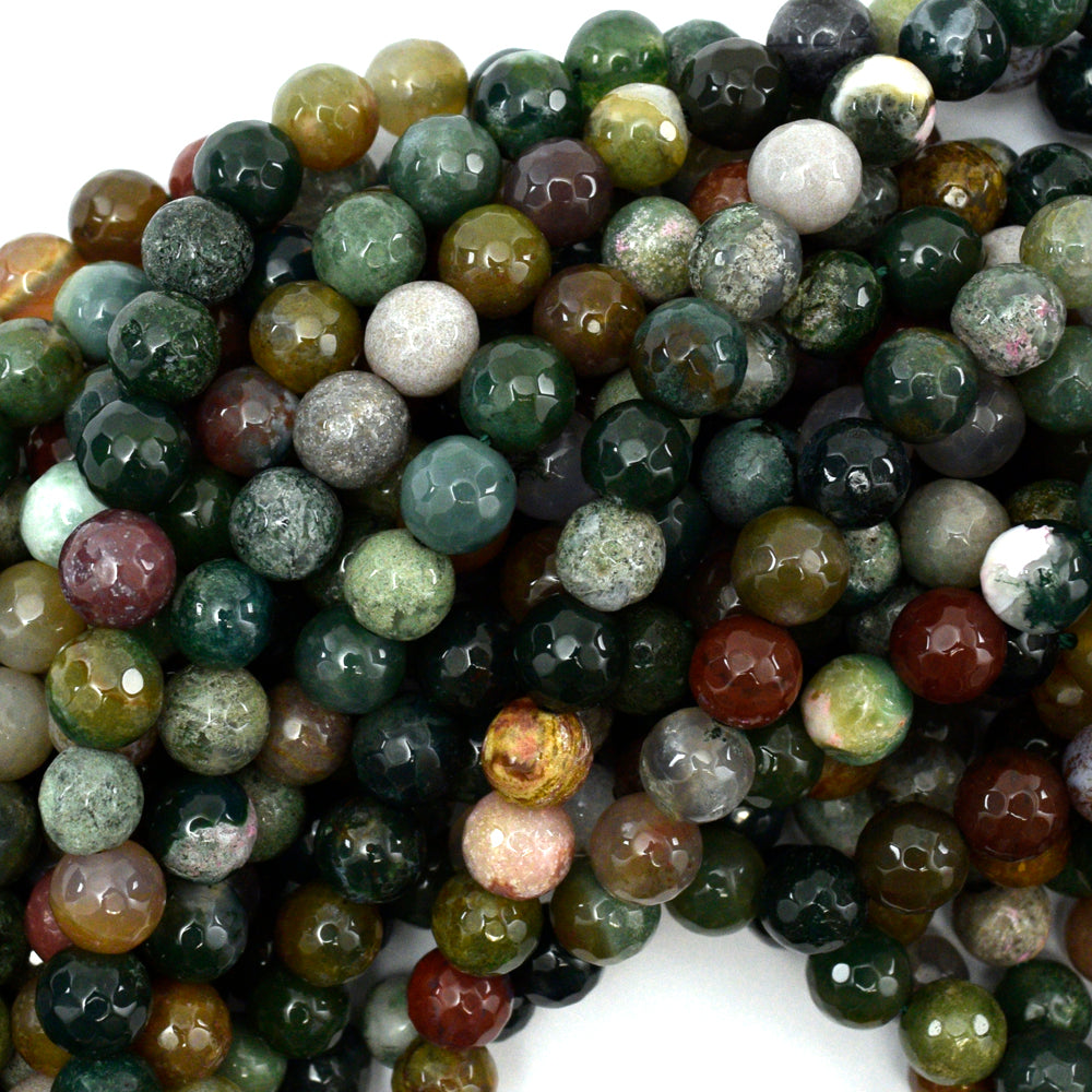 Natural Faceted Indian Agate Round Beads 15" Strand 3mm 6mm 8mm 10mm 12mm Fancy Jasper