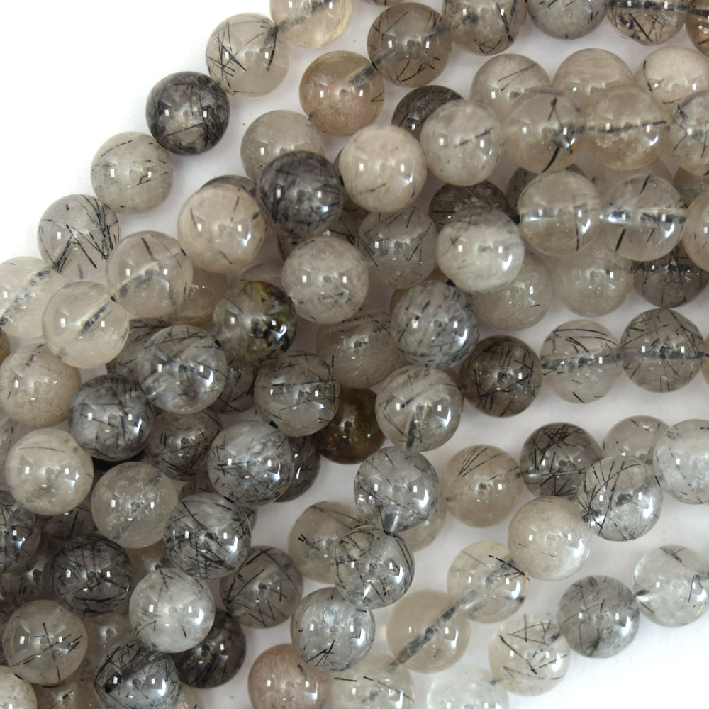 Natural Black Rutilated Quartz Round Beads 15.5" Strand 4mm 6mm 8mm 10mm 12mm
