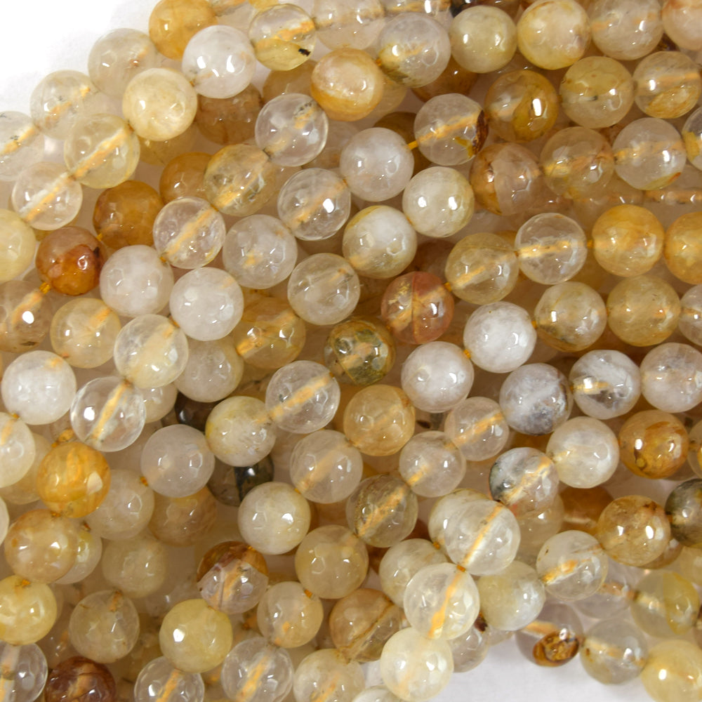 Natural Faceted Golden Healer Quartz Round Beads 15" Strand 6mm 8mm 10mm