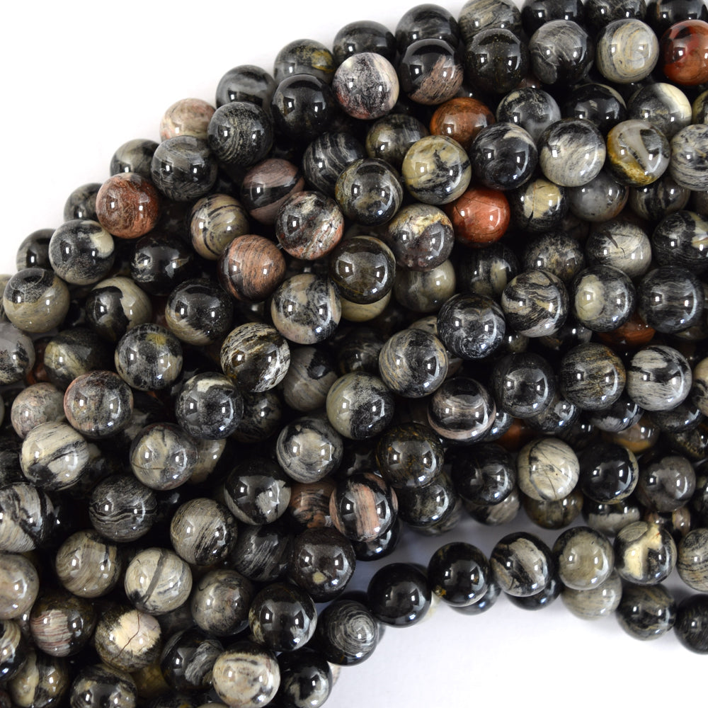 Natural Black Silver Leaf Jasper Round Beads 15.5" Strand 6mm 8mm 10mm