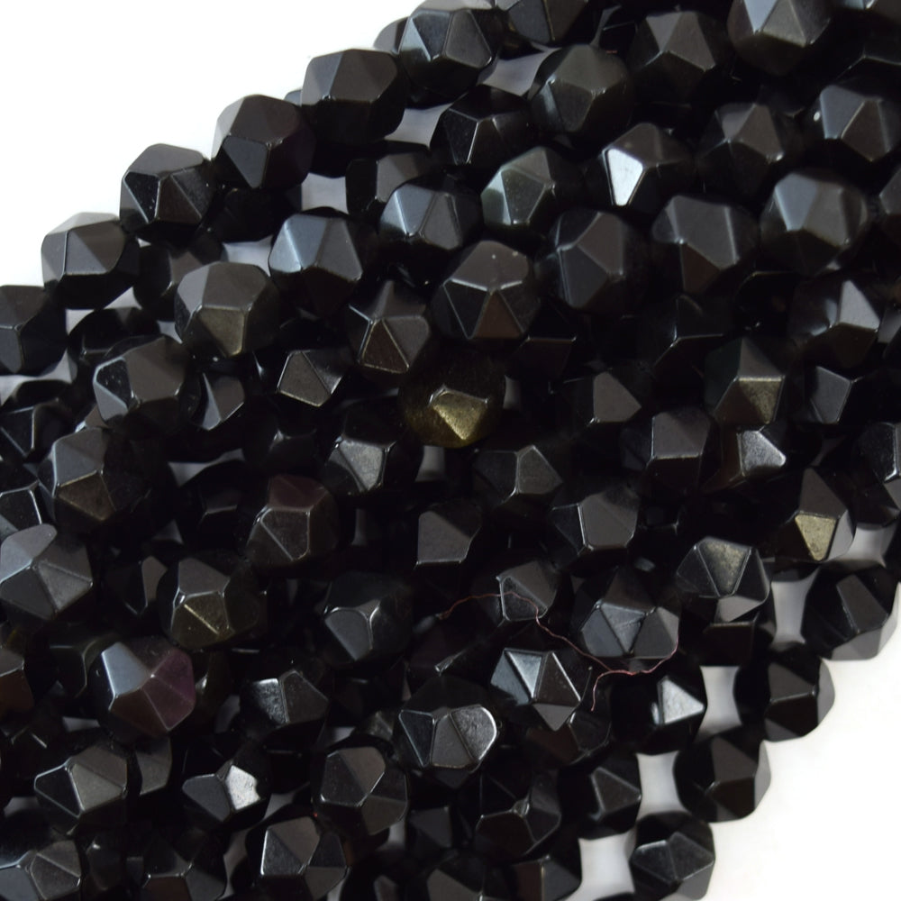 Star Cut Faceted Black Obsidian Round Beads 15.5" Diamond Cut 6mm 8mm 10mm