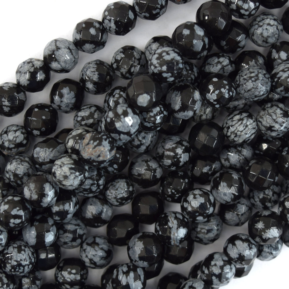Natural Faceted Black Snowflake Obsidian Round Beads 15" Strand 6mm 8mm 10mm