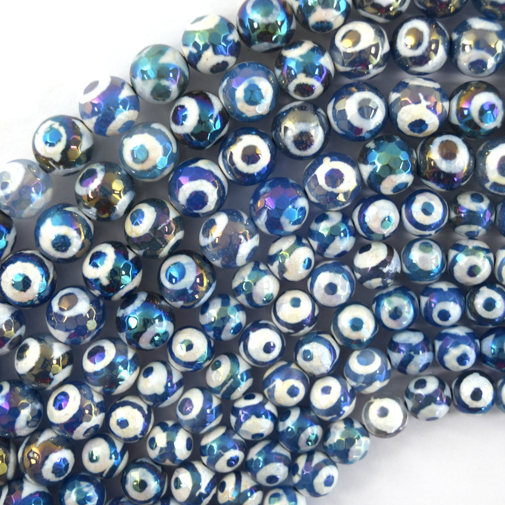 Mystic Titanium Faceted Blue Tibetan DZI Agate Round Beads 15" Eye 8mm 10mm