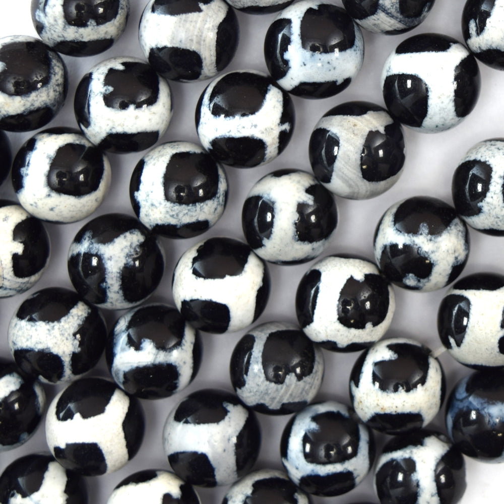 Black White Tibetan DZI Agate Round Beads 15" Strand 6mm 8mm 10mm 12mm Football