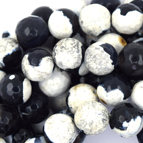 Faceted Black White Agate Round Beads Gemstone 14.5" Strand 6mm 8mm 10mm 12mm