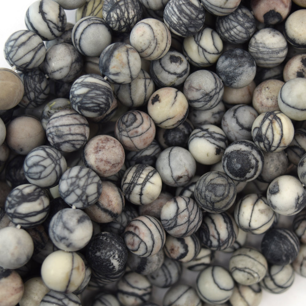 Natural Matte Black Spider Web Jasper Round Beads 15" Strand 6mm 8mm 10mm 12mm