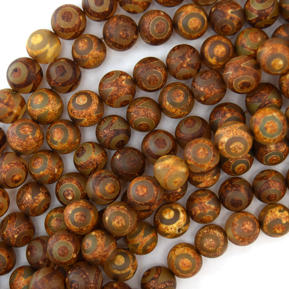 Matte Brown Tibetan DZI Agate Round Beads 15" Strand 6mm 8mm 10mm Evil Eye