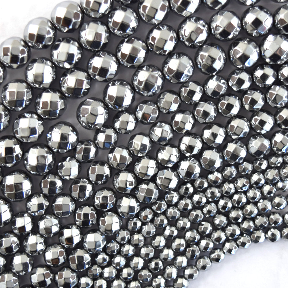 Faceted Silver Hematite Round Beads Gemstone 15.5" Strand 4mm 6mm 8mm
