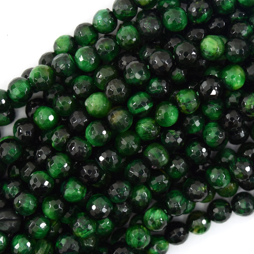 Faceted Green Tiger Eye Round Beads Gemstone 15" Strand 4mm 6mm 8mm 10mm 12mm