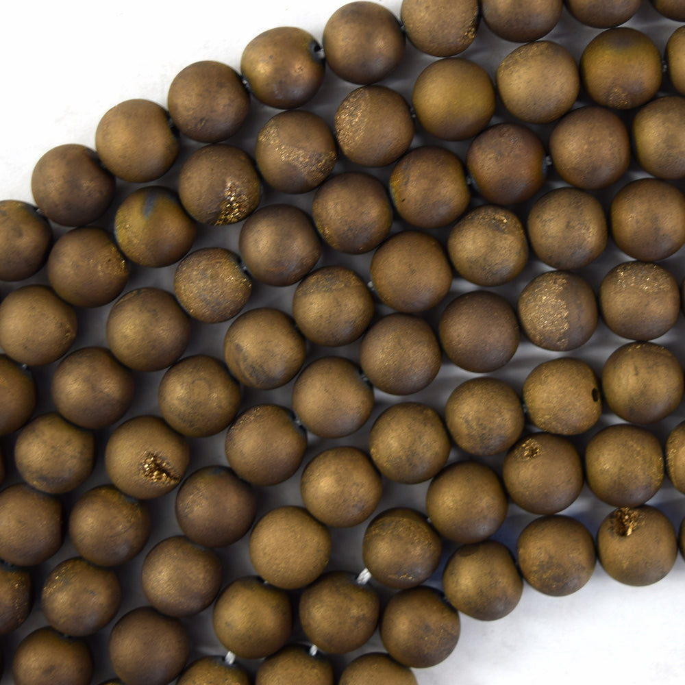 Matte Gold Druzy Agate Round Beads Gemstone 15.5" Strand 6mm 8mm 10mm