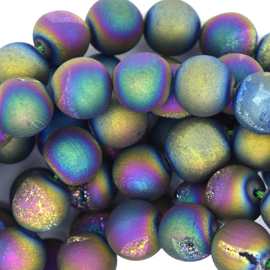 Matte Rainbow Druzy Agate Round Beads Gemstone 15" Strand 6mm 8mm 10mm