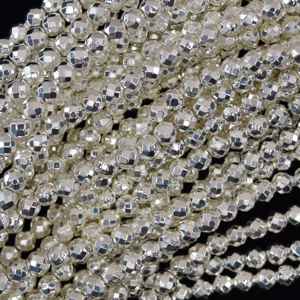 Faceted Bright Silver Hematite Round Beads 15.5" Strand 2mm 3mm 4mm 6mm 8mm